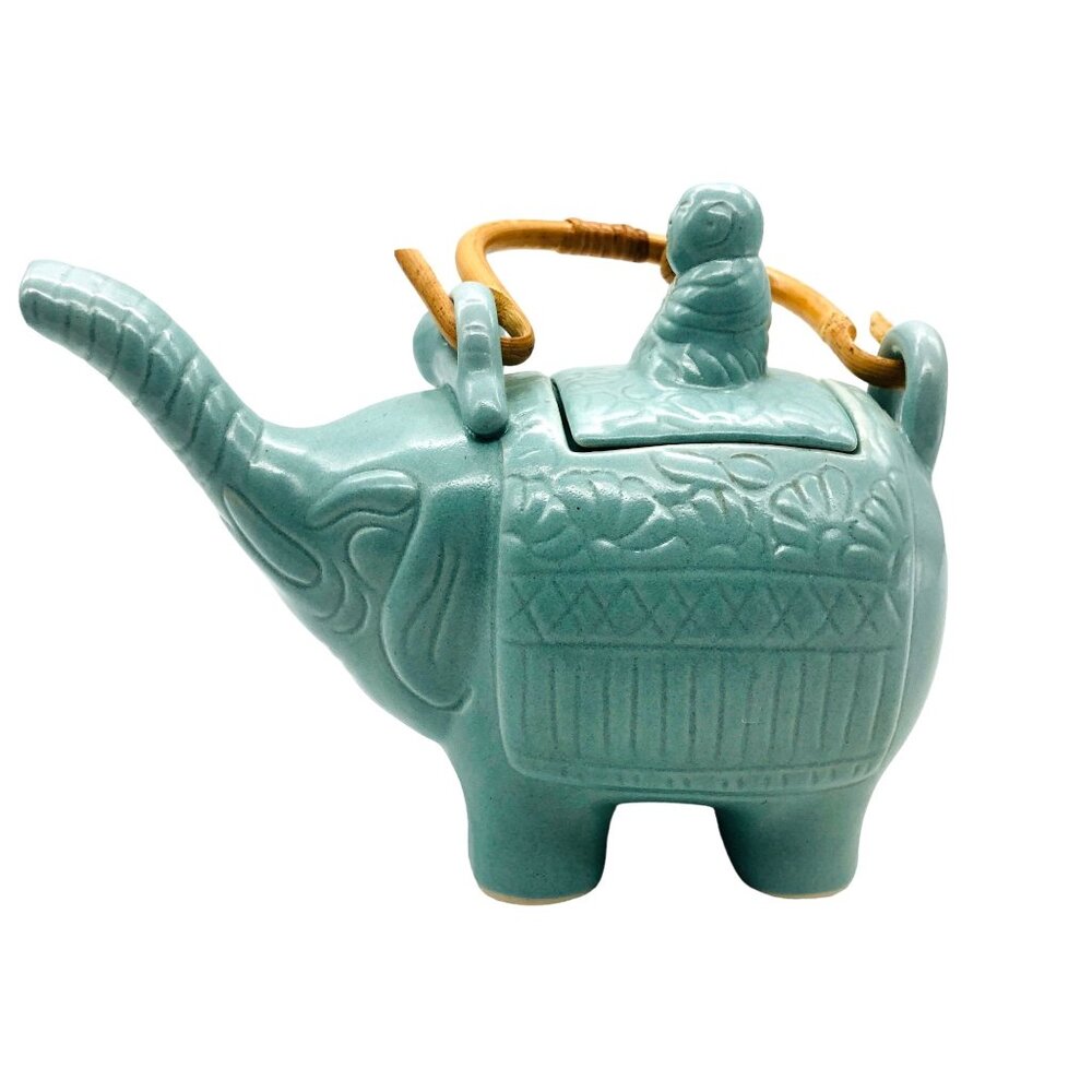 Novica Ceramic Elephant Teapot Buddha Lid Celadon Glaze Rattan Handle Trunk Up